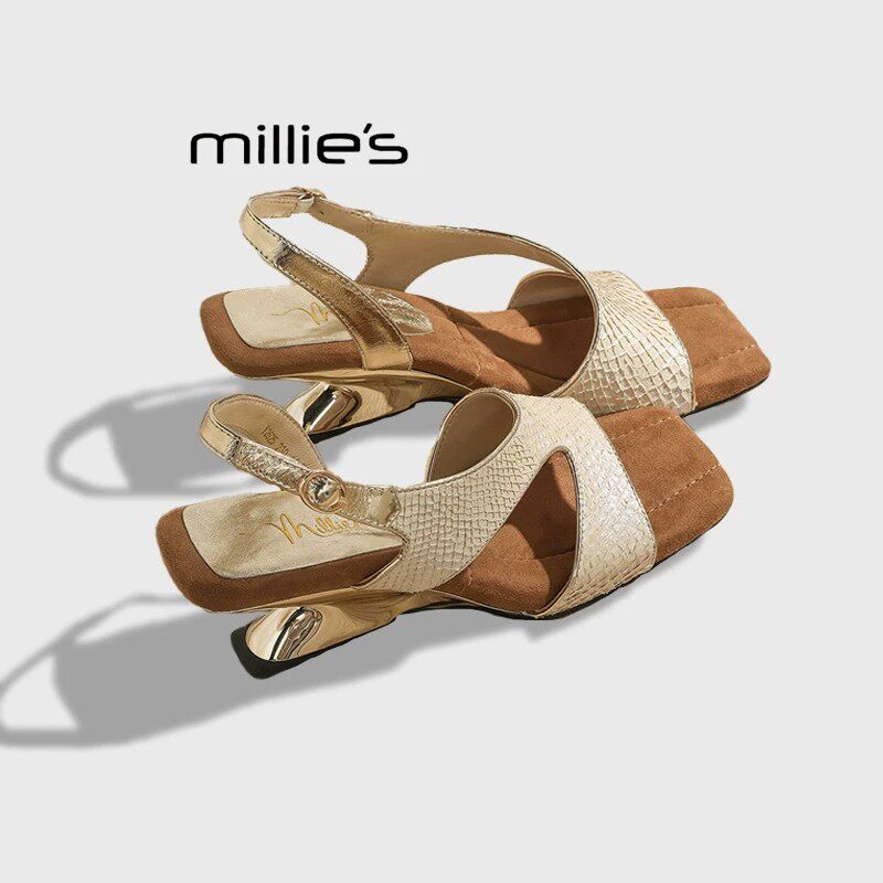 MILLIE'S/妙丽度假风草编坡跟一字带凉鞋女厚底配裙子高跟鞋夏季