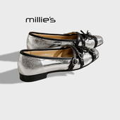 银色蝴蝶结防水软底奶奶鞋 MILLIE 芭蕾玛丽珍鞋 女春季 妙丽法式
