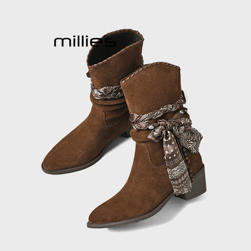 MILLIE'S/妙丽棕色麂皮堆堆靴女丝巾绑带西部风中筒靴不累脚短靴Z,女鞋,马丁靴,淘宝优惠券,粉丝福利购,淘宝优惠卷