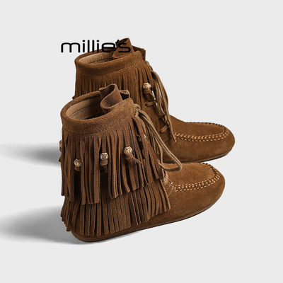 MILLIE'S/妙丽真皮流苏中筒靴
