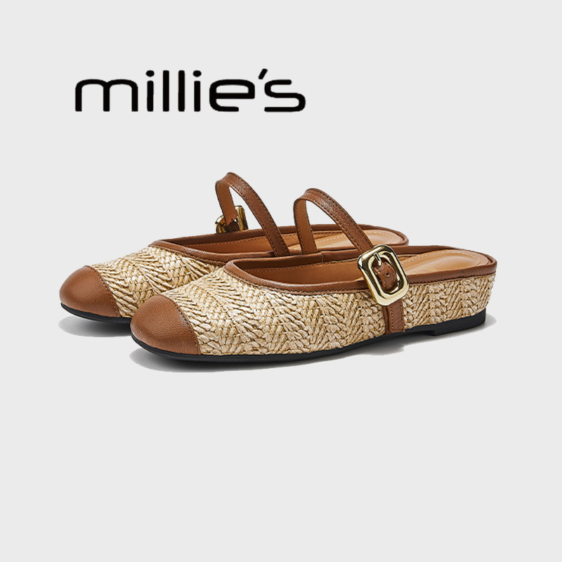 MILLIE'S/妙丽圆头平底稻香田园风褶皱编织时尚气质穆勒鞋春秋女