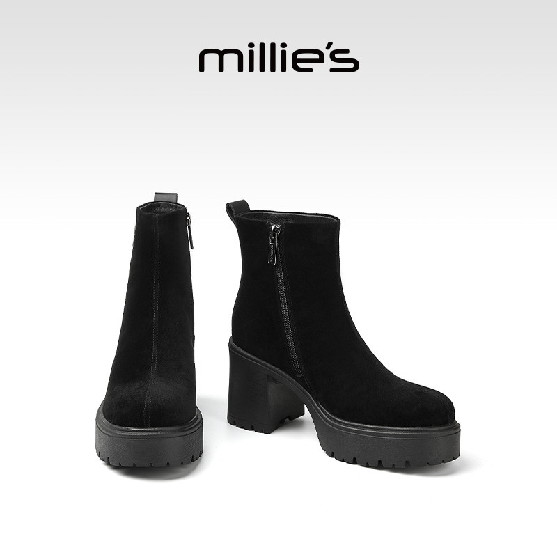MILLIE'S/妙丽靴子女粗跟短靴2026新款短靴气质配裙子秋冬高跟鞋
