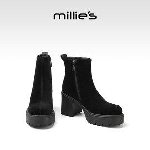 MILLIE'S/妙丽靴子女粗跟短靴2026新款短靴气质配裙子秋冬高跟鞋