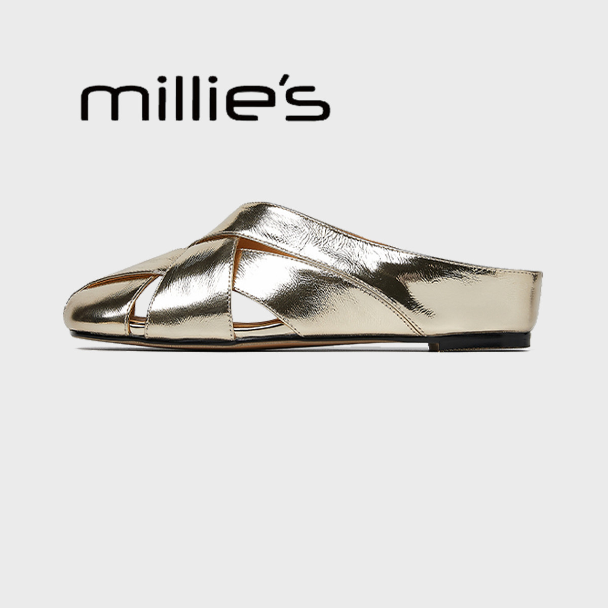 MILLIE'S/妙丽真皮编织镂空外穿内增高半拖鞋法式小众平底凉拖鞋