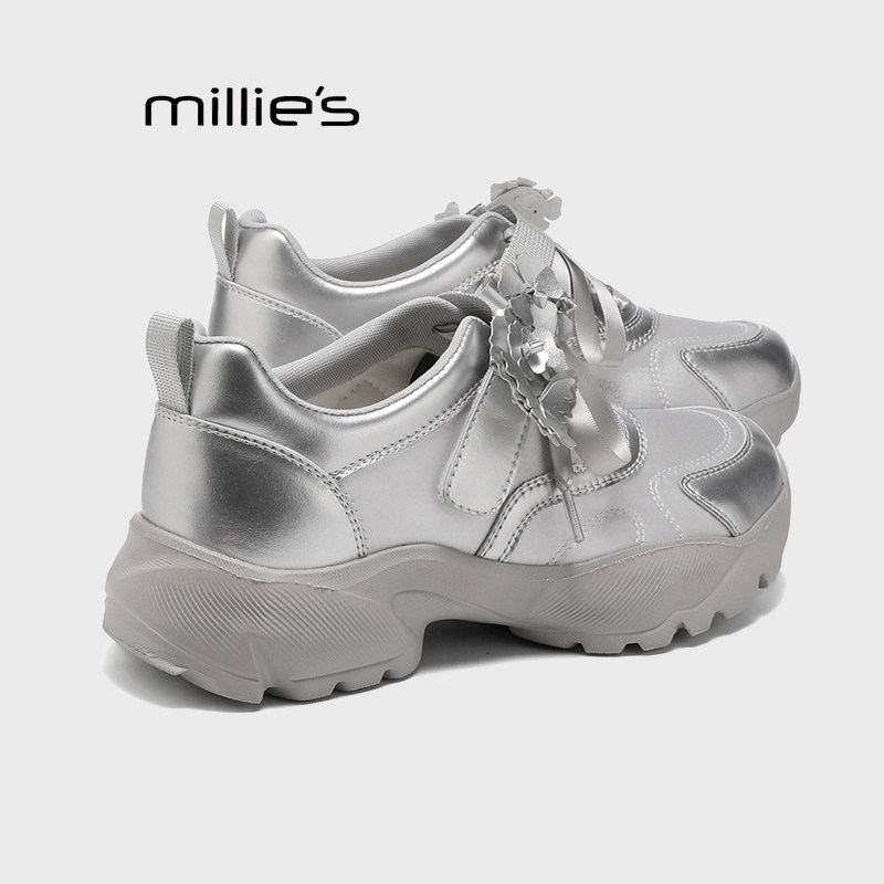 MILLIE'S/妙丽春款米色厚底休闲运动鞋增高玛丽珍鞋女系带老爹鞋