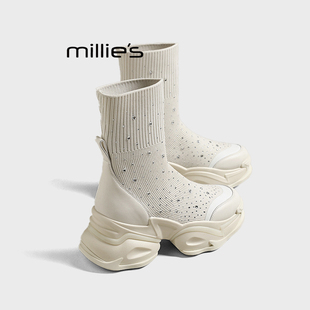 MILLIE'S/妙丽内增高显瘦袜子靴厚底弹力靴秋冬季新款瘦瘦短靴女Q
