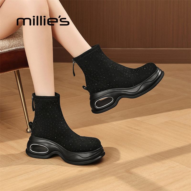 MILLIE'S/妙丽真皮厚底短筒靴