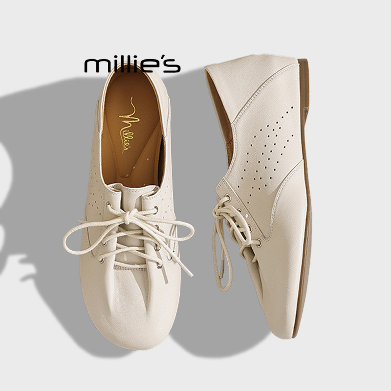 MILLIE'S/妙丽复古风系带平底德训鞋女米白色软底轻便百搭防水鞋Z,女鞋,雨鞋,淘宝优惠券,粉丝福利购,淘宝优惠卷
