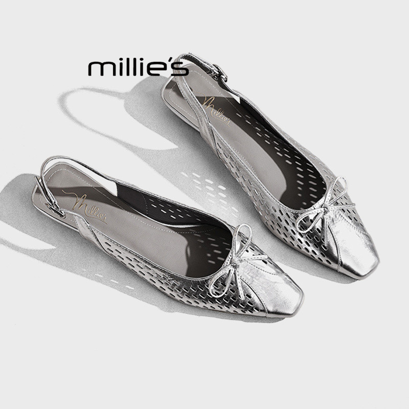 MILLIE'S/妙丽镂空包头凉鞋女2026春夏款粗跟蝴蝶结后空