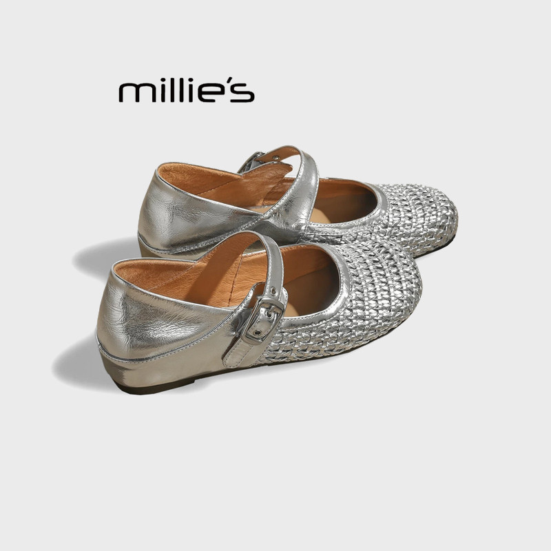 MILLIE'S/妙丽编织胎浅口低跟玛丽珍法式复古马蹄跟单凉鞋小皮鞋