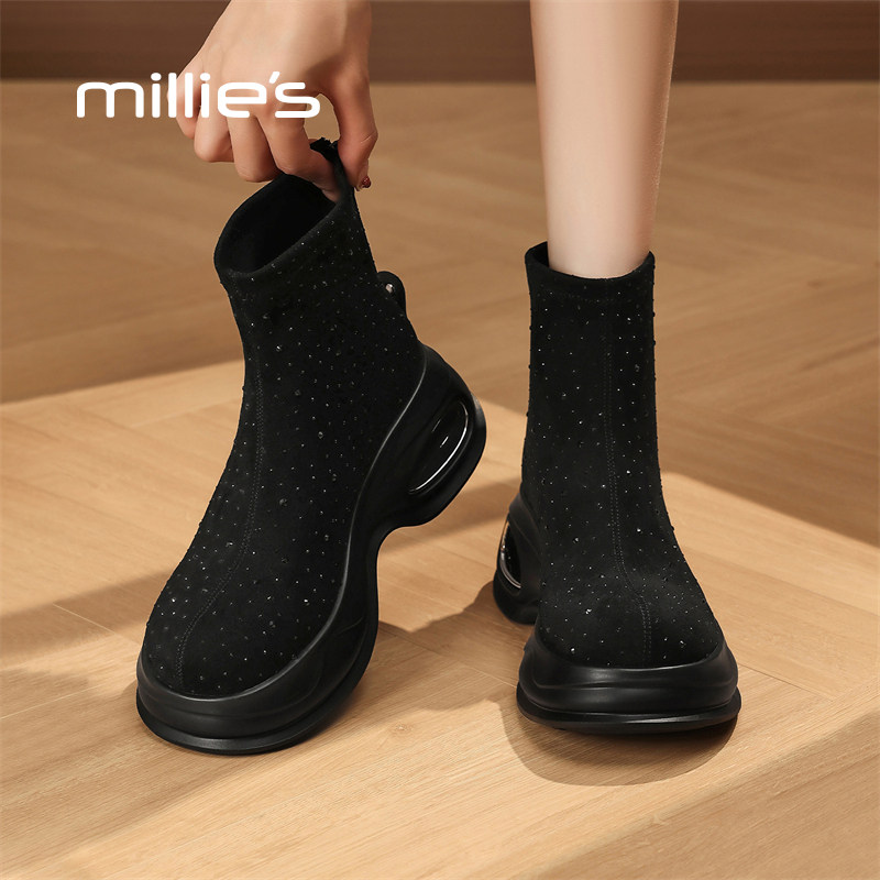 MILLIE'S/妙丽2026新款弹力靴女款短靴厚底水钻7公分单里马丁靴