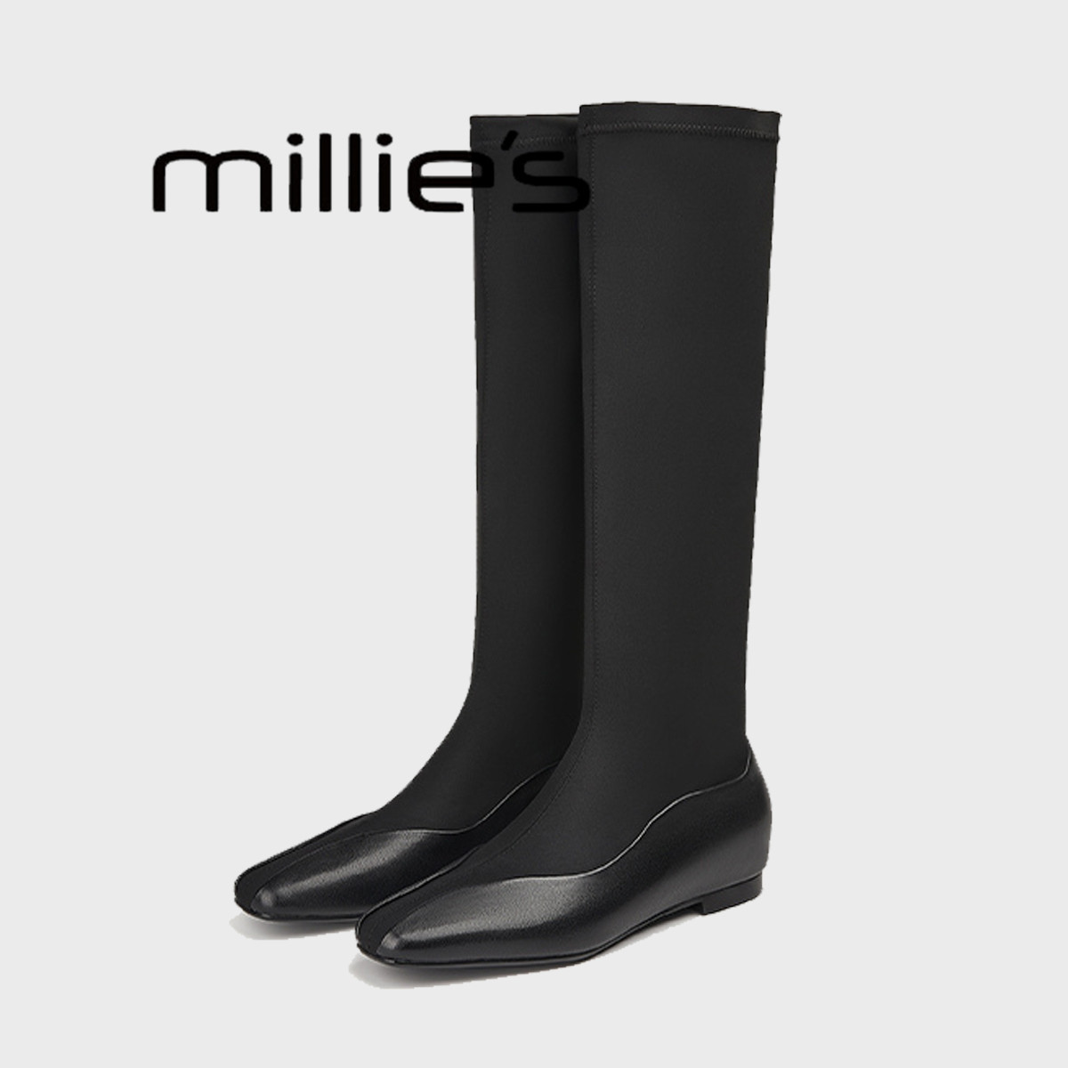MILLIE'S/妙丽尖头平底真皮鞋面拼接高级感潮流简约时髦弹力靴冬
