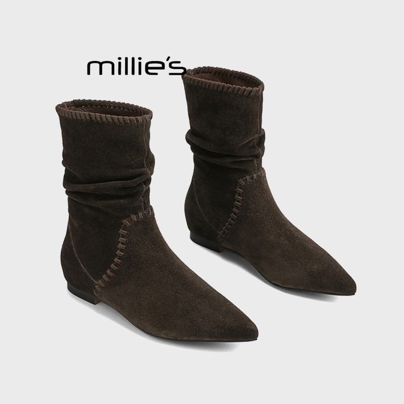 MILLIE'S/妙丽复古加绒休闲百搭长靴女时尚潮流休闲中筒堆堆靴冬Q