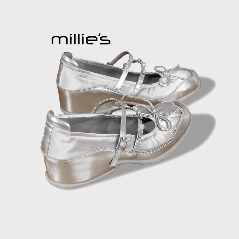 MILLIE'S/妙丽内增高银色方头芭蕾舞鞋女单鞋浅口蝴蝶结玛丽珍鞋