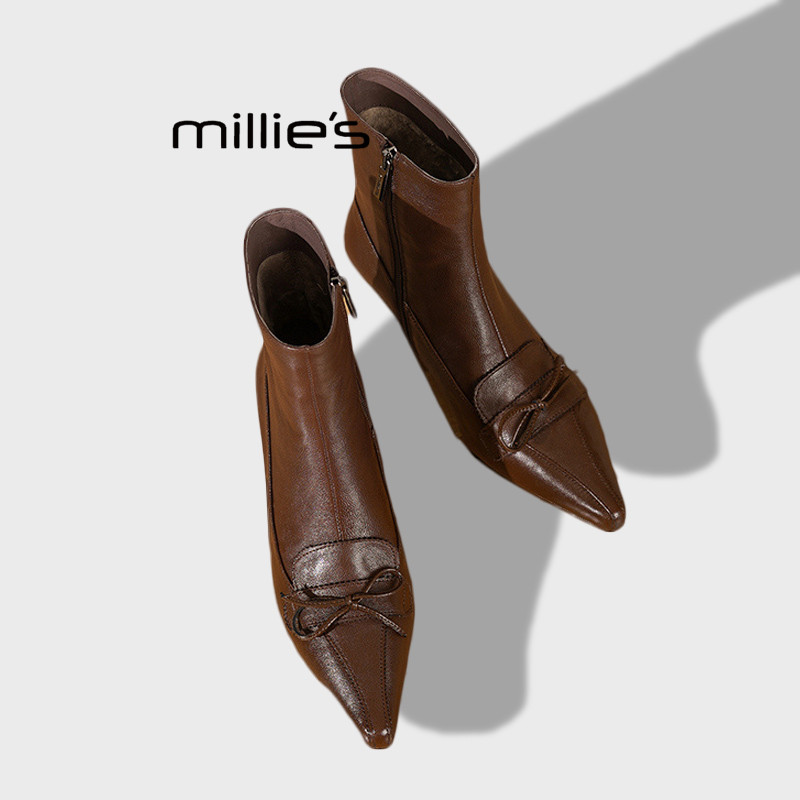 MILLIE'S/妙丽法式蝴蝶结尖头粗跟短靴女复古显瘦时尚百搭瘦瘦靴Z,女鞋,时装靴,淘宝优惠券,粉丝福利购,淘宝优惠卷