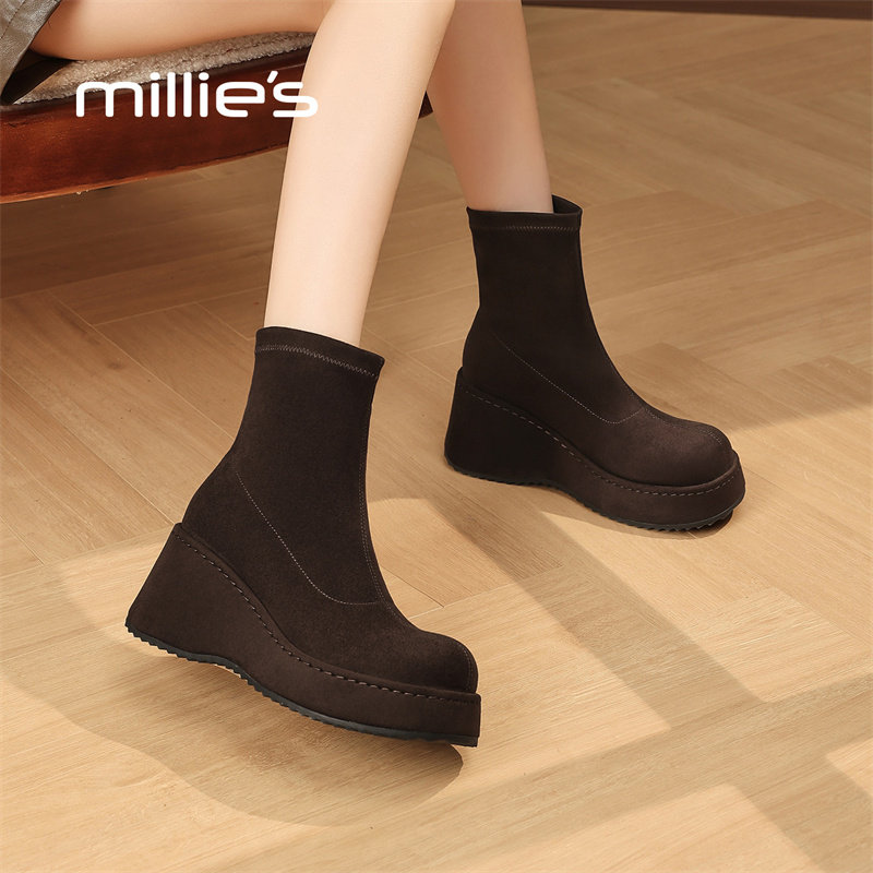 MILLIE'S/妙丽经典女款及踝靴2026秋冬季新款时尚百搭方头时装靴