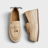 妙丽复古风厚底一脚蹬乐福鞋 2026春季 MILLIE 女杏色流苏雨鞋