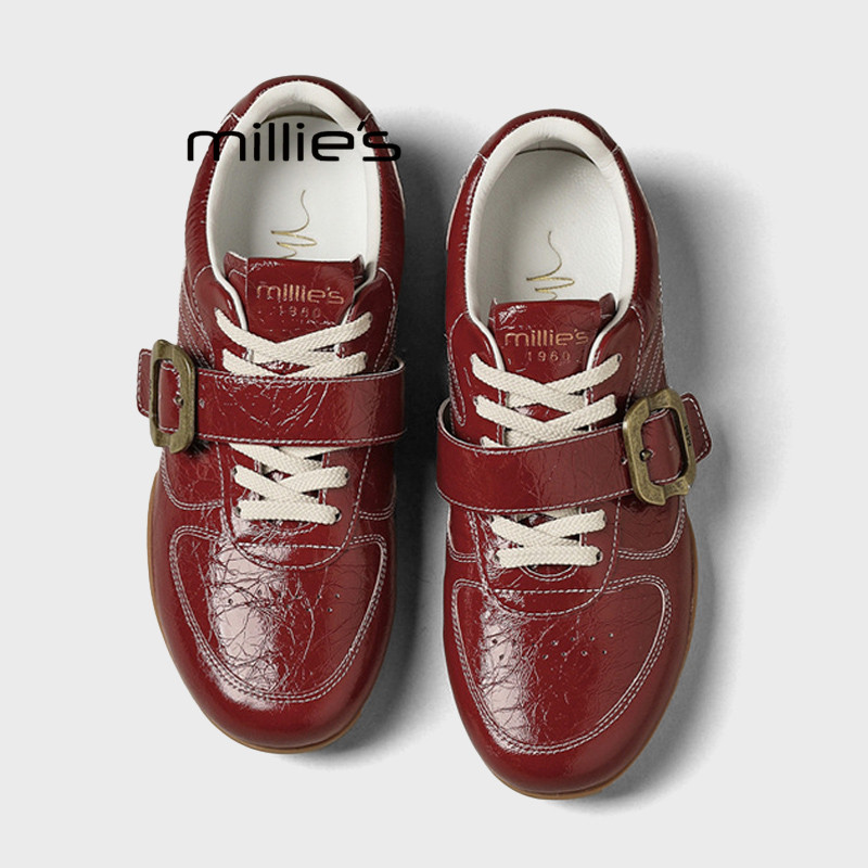 MILLIE'S/妙丽2026春季新款复古德训鞋女红色铆钉扣系带英伦雨鞋Z
