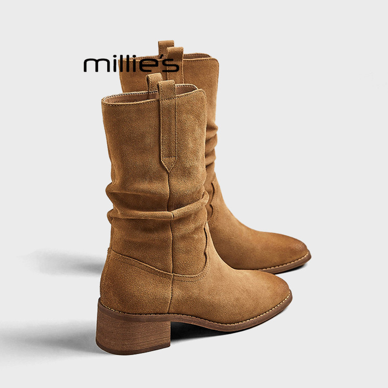 MILLIE'S/妙丽小个子内增高西部短靴女秋款褶皱堆堆靴中筒马丁靴Z