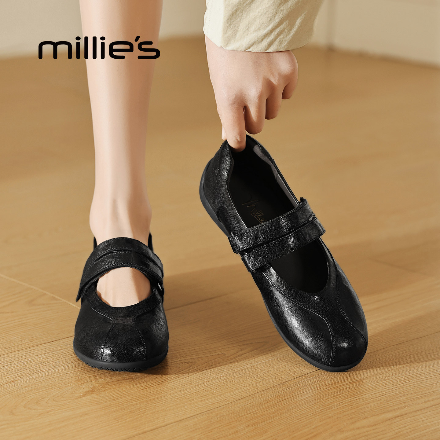 MILLIE'S/妙丽复古玛丽珍鞋女春季黑色真皮一字带平底芭蕾单鞋Z,女鞋,时尚芭蕾鞋,淘宝优惠券,粉丝福利购,淘宝优惠卷