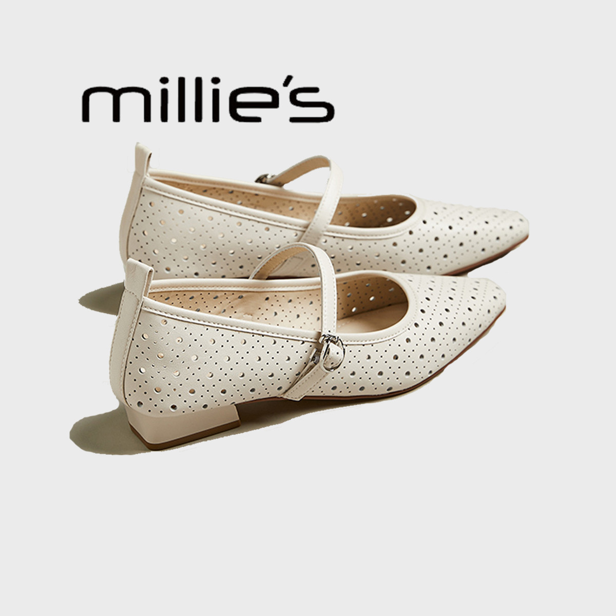 MILLIE'S/妙丽2025夏新款通勤透气洞洞玛丽珍女休闲黑色浅口单鞋