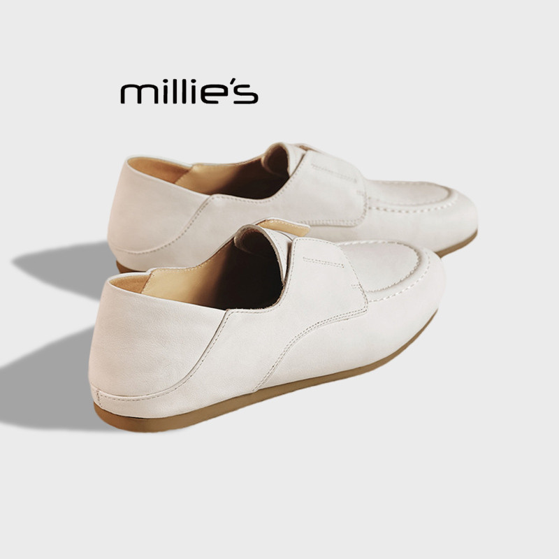 MILLIE'S/妙丽2026春款真皮单鞋女乐福鞋平底小皮鞋一脚蹬懒人鞋