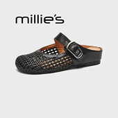 妙丽法式 圆头真皮软底网眼凉鞋 编织镂空玛丽珍单鞋 女2026年新款
