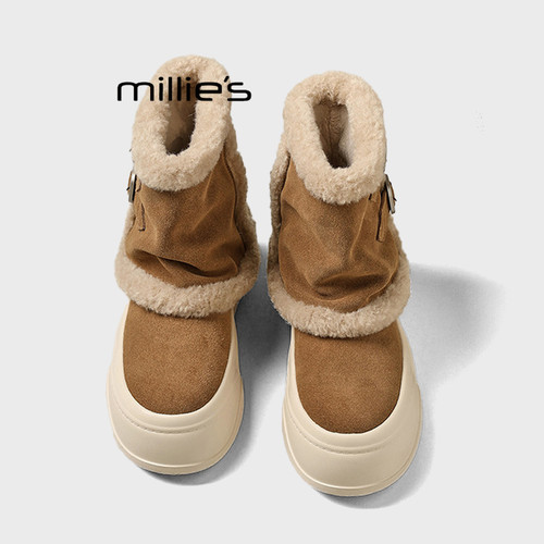MILLIE'S/妙丽真皮厚底毛毛靴