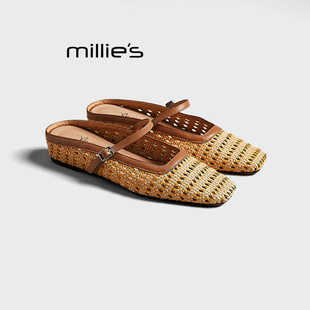 女外穿内增高穆勒鞋 MILLIE 复古编织镂空凉拖鞋 妙丽2025夏法式
