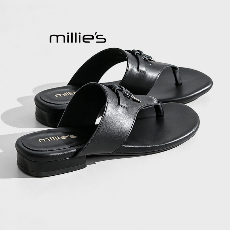 MILLIE'S/妙丽2026夏季夹趾粗跟凉鞋休闲金属扣沙滩人字凉拖鞋女Z