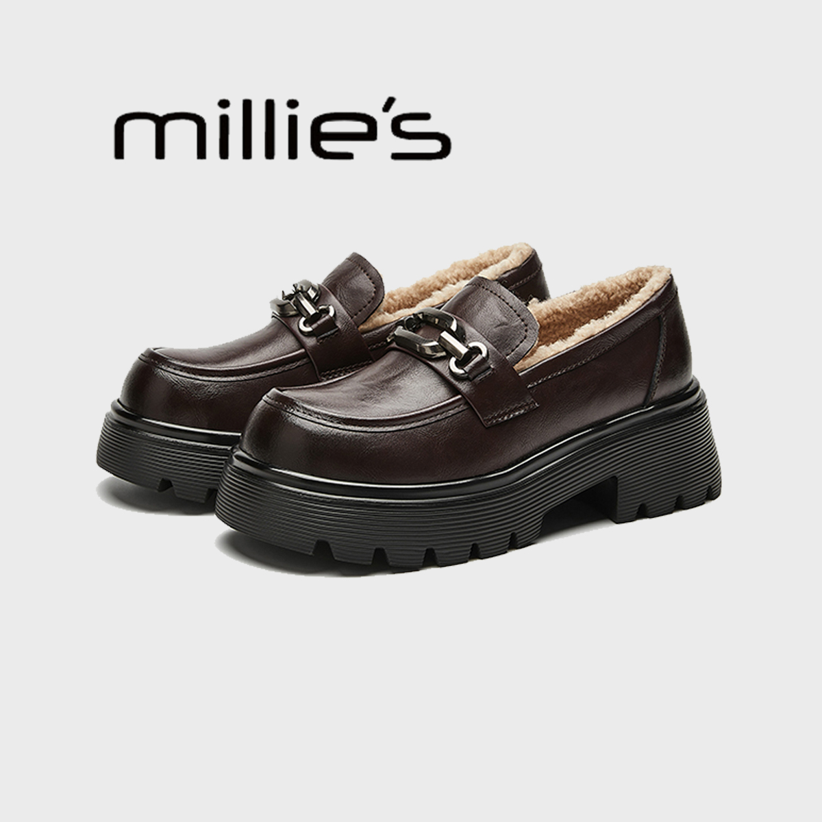 MILLIE'S/妙丽丽圆头厚底手抓纹设计优雅气质时尚百搭乐福鞋冬季