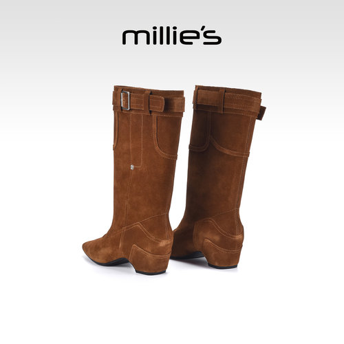 MILLIE'S/妙丽真皮粗跟长靴