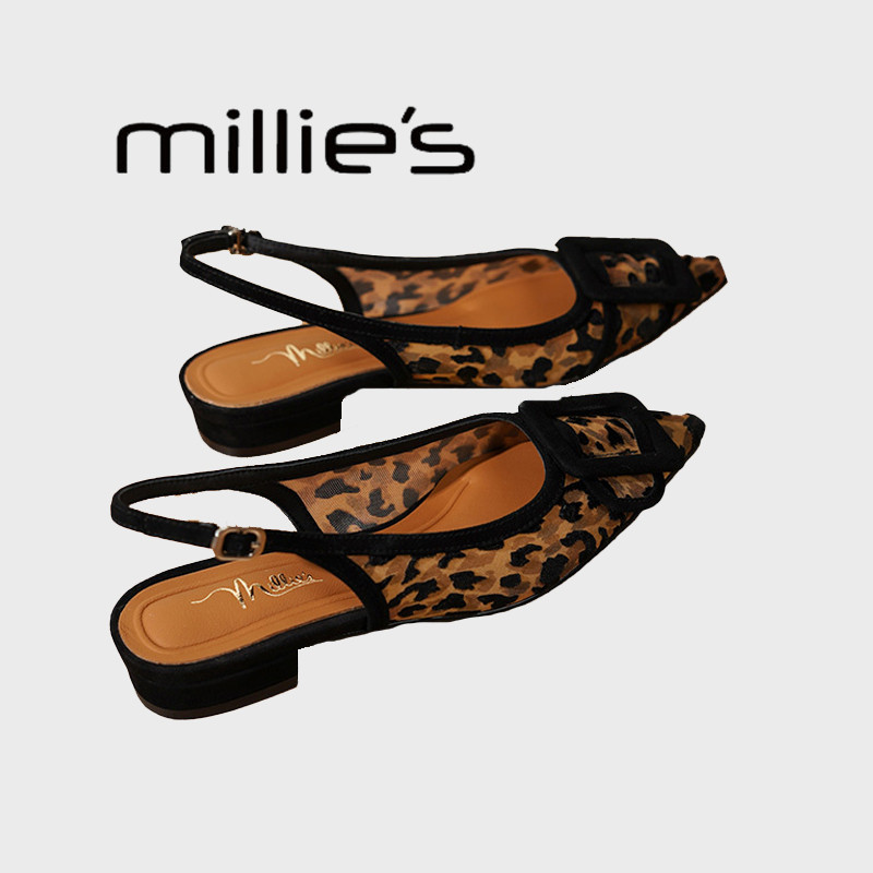 MILLIE'S/妙丽夏尖头包头单鞋后空穆勒鞋一字带凉鞋豹纹百搭瓢鞋