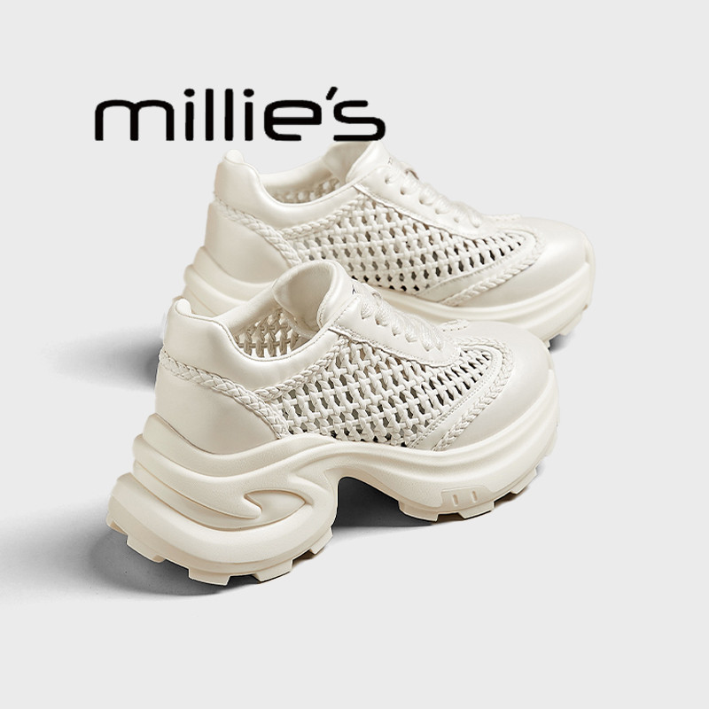 MILLIE'S/妙丽真皮透气厚底老爹鞋2026夏季小个子显高镂空网面鞋