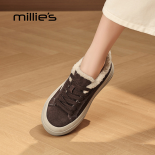 真皮毛毛鞋 MILLIE 女秋冬加绒保暖复古休闲板鞋 妙丽厚底德训鞋