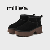 妙丽厚底圆头方跟短靴冬季 MILLIE 加绒加厚拉链增高女雪地靴