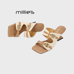 MILLIE'S/妙丽平头方跟女鞋休闲女拖鞋2026春夏季简约时尚百搭鞋