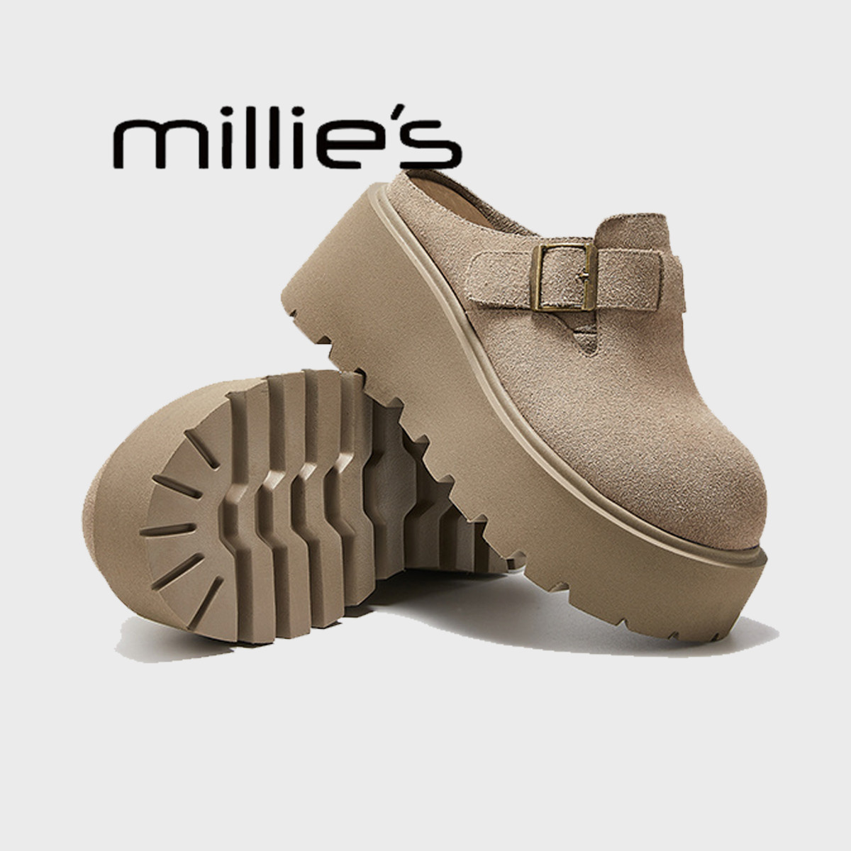 妙丽真皮厚底包头拖鞋女2026春季新款一脚蹬小个子显高半拖勃肯鞋