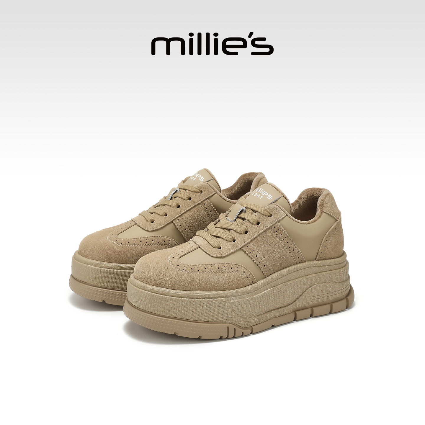 MILLIE'S/妙丽2026新款系带德训鞋女真皮厚底增高杏色运动鞋