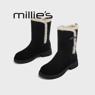 MILLIE'S/妙丽黑色毛绒雪地靴女冬季翻边中筒靴厚底保暖毛毛靴Z