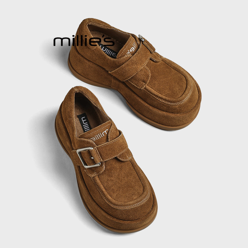 MILLIE'S/妙丽反绒皮勃肯鞋女厚底增高魔术贴懒人鞋咖色乐福鞋Z