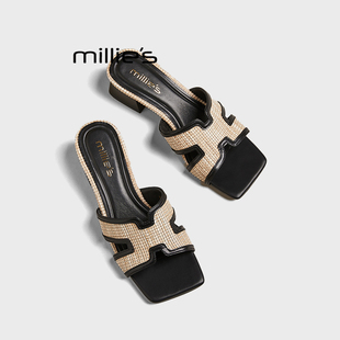 MILLIE'S/妙丽凉拖鞋夏外穿高级感时尚气质配裙子沙滩拖鞋女粗跟