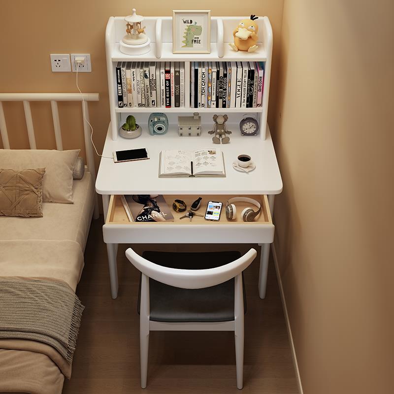 小户型床头实木书桌书架一体卧室70CM单人电脑桌小尺寸家用学习桌