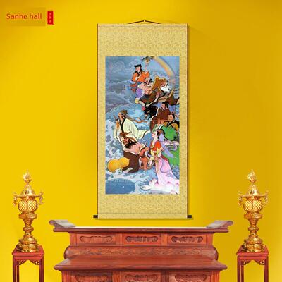 八仙过海画像神话故事客厅卷轴挂画中式装饰画丝绸墙壁画国画挂轴