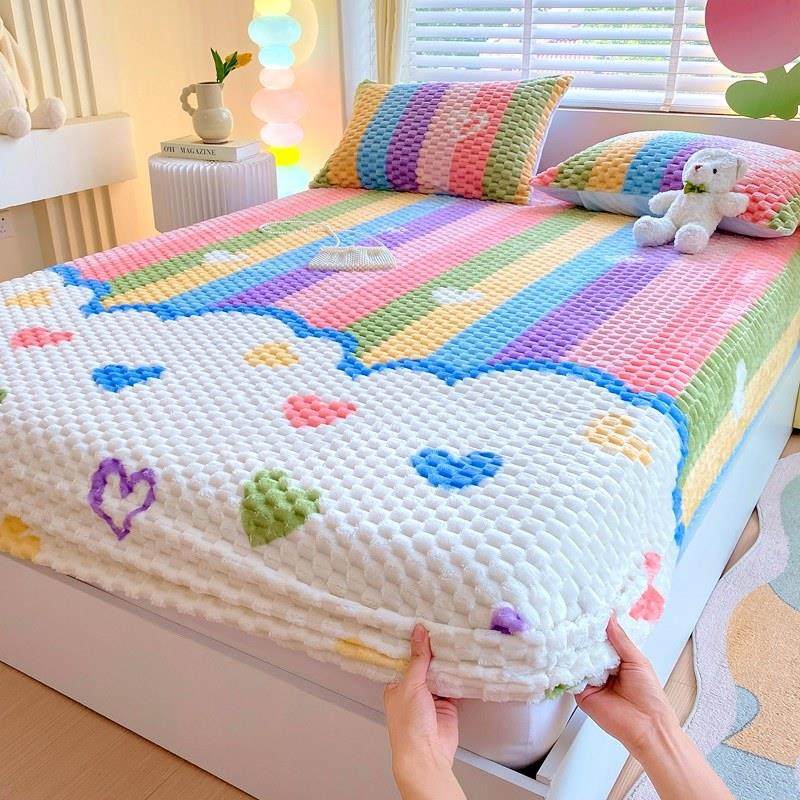 床笠床垫保护罩儿童卡通豆豆绒床笠罩牛奶绒床垫套女孩珊瑚绒床罩