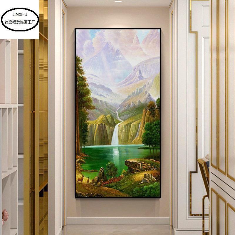 聚宝盆山水画玄关装饰画竖版过道进门画招财风水欧式挂画靠山壁画