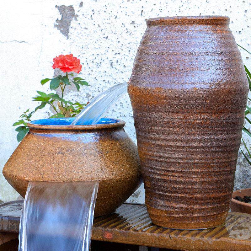 古法鱼缸鱼池造景全套生态瀑布过滤器养鱼复古流水陶罐摆件循环水