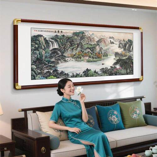 新中式聚宝盆山水画客厅沙发背景墙装饰画办公室壁画西墙聚财挂画
