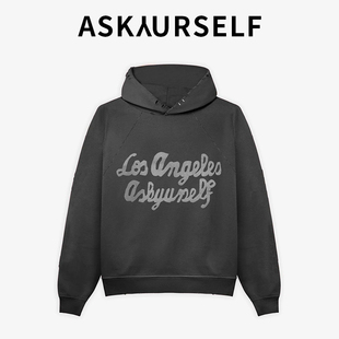 ASKYURSELF美式简约风连帽卫衣男女宽松字母印花场外修复连帽衫