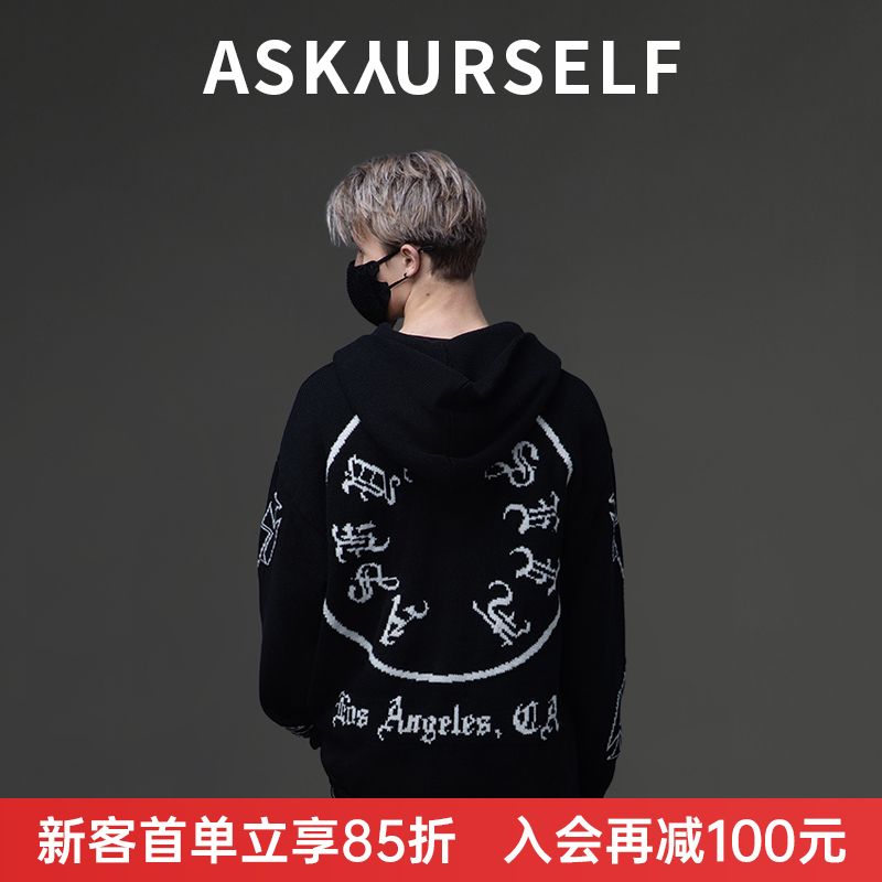 ASKYURSELF经典梵文卷轴Logo破坏针织连帽卫衣 男女同款 黑色